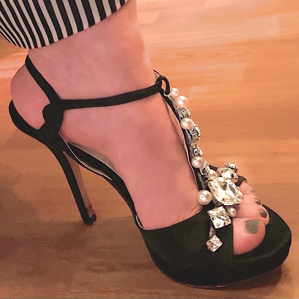 COPY - Festive black satin and rhinestone Ivanka Trump heels. Size 6